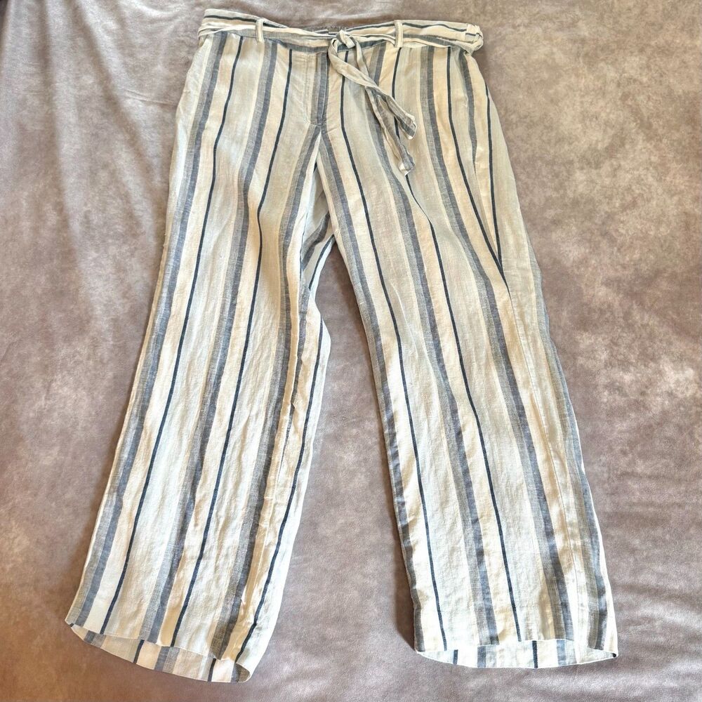 Talbots 100% linen wide leg pants womens 14P cream blue striped belted coastal